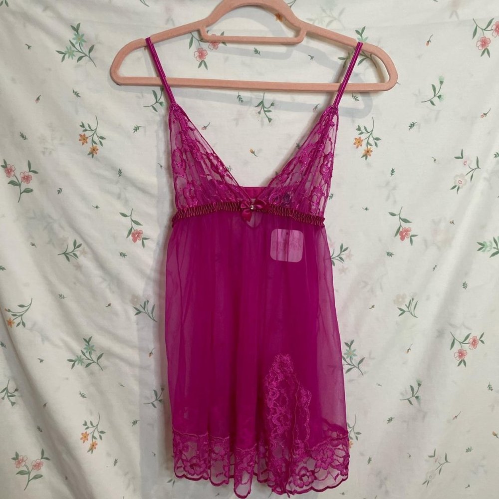 y2k 2000s Frederick's of Hollywood Hot Pink Sheer Lace Babydoll Size S/M